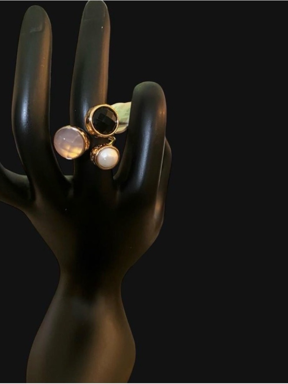 Gold Triple-Cabochon Ring in Black, Pearl and Lavender
